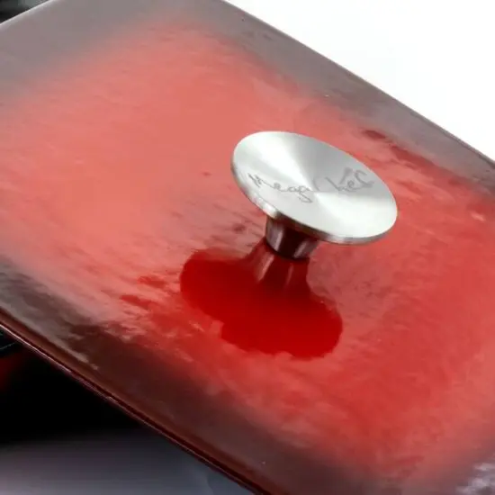 MegaChef 11" Square Red Enamel Cast Iron Grill Pan with Matching Grill Press {12}