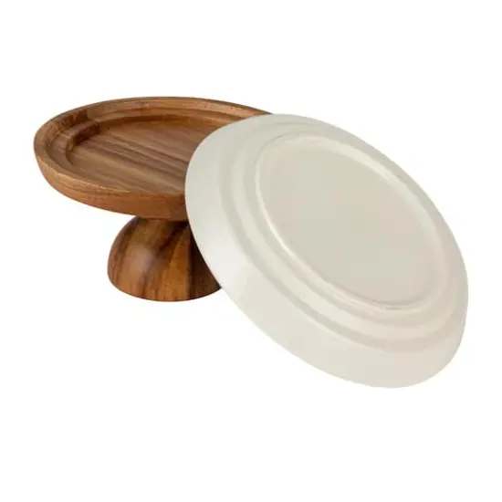 Hello Honey&reg; 5.75" White & Natural Acacia Wood Enhanced Stoneware Serving Set {8}