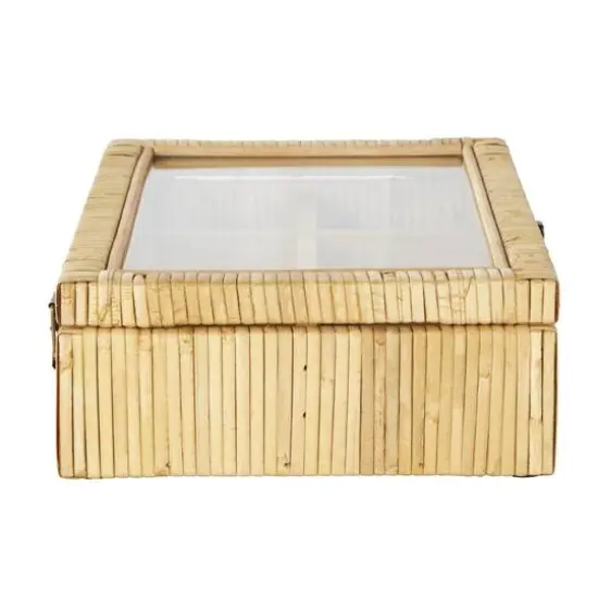 12" x 9" x 4" Brown Hand-Wrapped Rattan 6-Slot Jewelry Box with Tempered Glass Top {11}