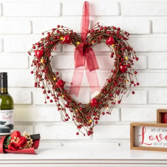 Glitzhome&reg; 17" Lighted Valentine's Berry Heart Wreath {3}