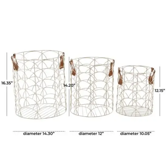 CosmoLiving by Cosmopolitan Silver Metal Storage Basket with Faux Leather Handles Set of 3 16", 14", 12" {7}