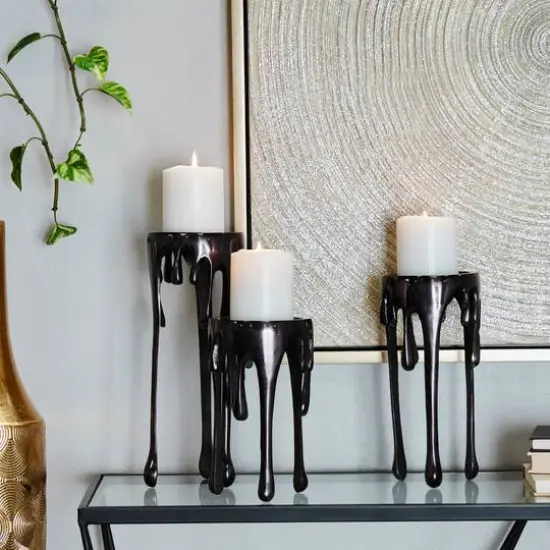 CosmoLiving by Cosmopolitan Black Aluminum Pillar Candle Holder with Dripping Melting Designed Legs Set {7}