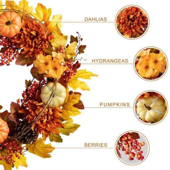 Glitzhome&reg; 24" Fall Dahlia, Pumpkin, Leaf & Berry Wreath {15}