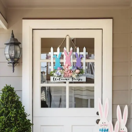 Glitzhome&reg; 14" Easter Wooden Bunny Fence Door Hanger {7}