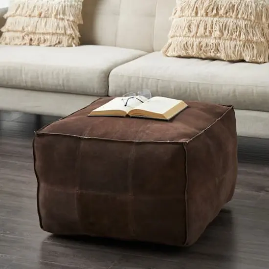 28" Leather Low Profile Square Pouf with Patchwork Design Dark Brown {3}