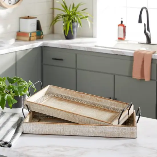 Brown Wood Boho Style Tray Set {8}