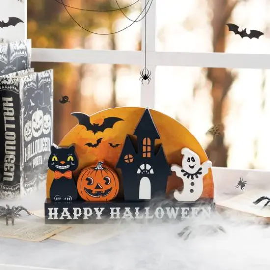 Glitzhome&reg; 12"L HAPPY HALLLOWEEN Wooden Table Block Set {4}