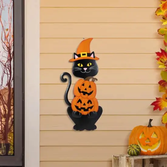 Glitzhome&reg; 36"H Halloween Metal Black Cat with Spring Head and Stacked Pumpkin Yard Stake {5}
