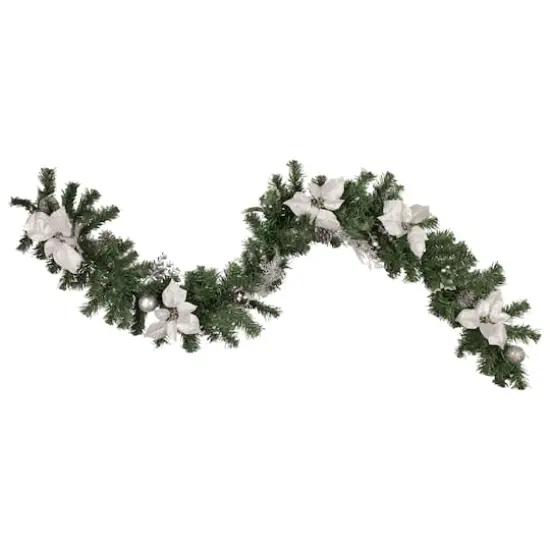 Pre-Decorated Silver Poinsettia Pine Cone & Ball Artificial Garland, Unlit {3}