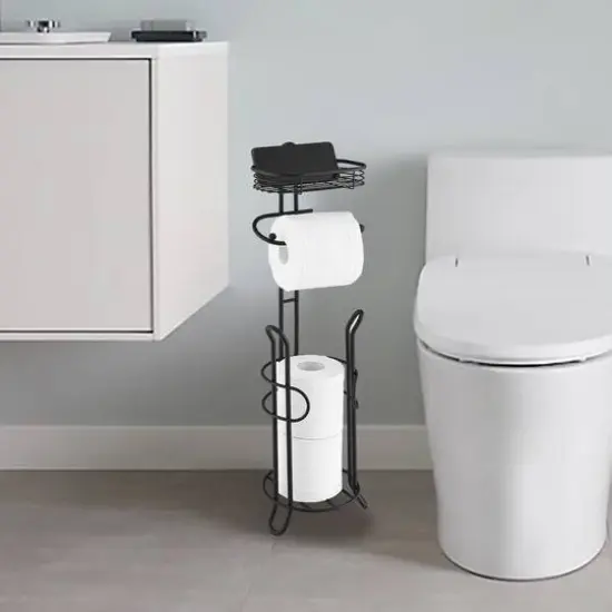 SunnyPoint 26" Black Bathroom Toilet Tissue Paper Roll Storage Holder Stand with Reserve & Shelf {6}