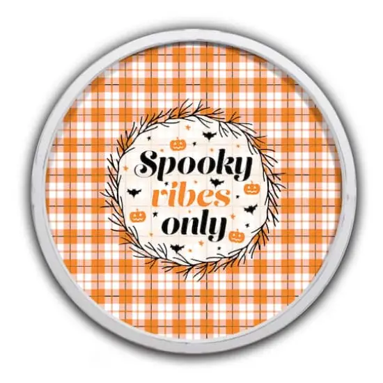 20" Spooky Vibes Only Halloween Plaid Round Framed Print White Frame {1}