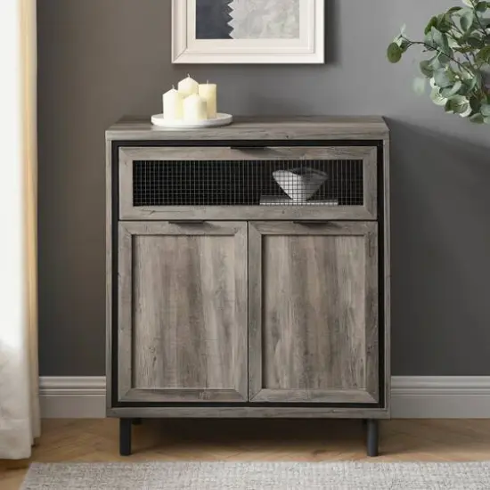 Walker Edison Gray Wash Mesh Metal Accent Cabinet {3}