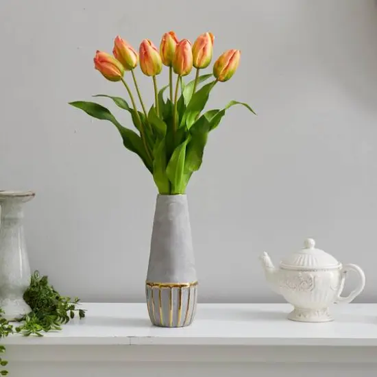 22" Yellow-Orange Dutch Tulip Arrangement in Gold Trim Stoneware Vase {4}