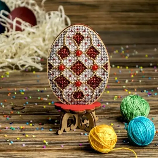 Wonderland Crafts Red, White & Gold Egg Cross Stitch on Wood Kit {3}