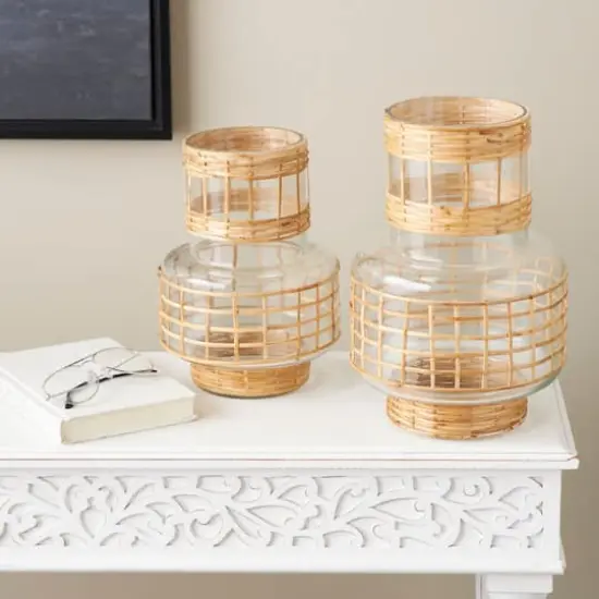 Clear Glass Double Ring Rattan Wrapped Vase Set {3}