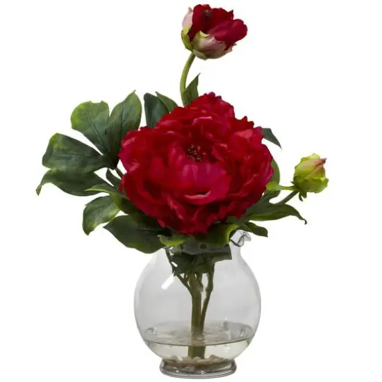 13.5" Red Peony Arrangement in Fluted Vase {1}
