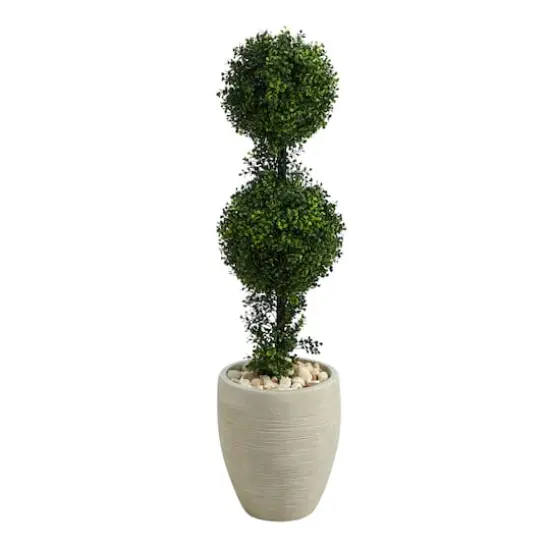 3.5ft. Boxwood Double Ball Topiary Artificial Tree in Sand Colored Planter {1}