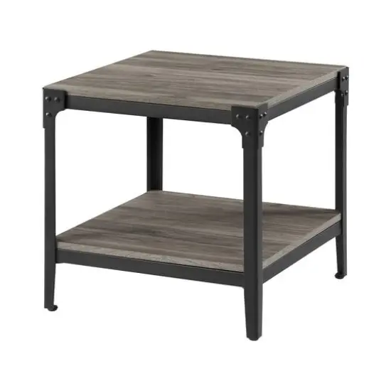Walker Edison Slate Gray Angle Iron Rustic Wood Side Table Set {5}