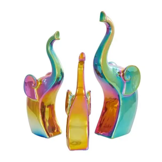 Multicolor Ceramic Elephant Sculpture Set with Rainbow Shimmer Finish {8}