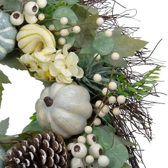 22" Green & White Pumpkins & Berries Fall Harvest Wreath {4}