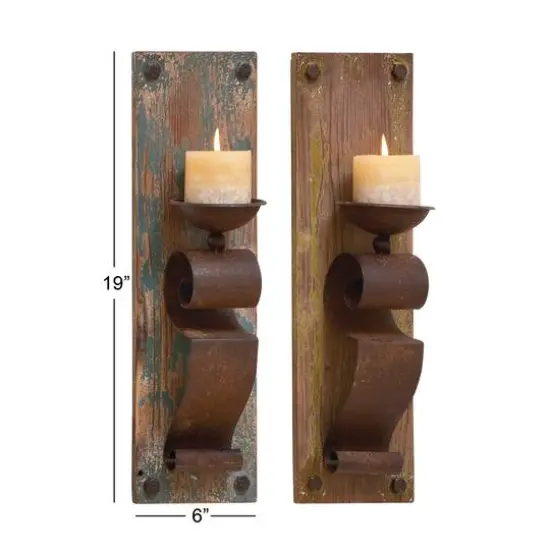 Set of 2 Brown Wood Rustic Wall Sconce, 6" x 19" {7}