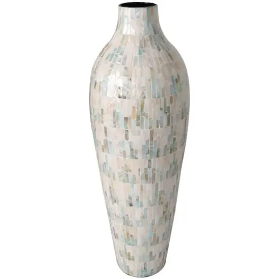28" White Mother of Pearl Handmade Mosaic Inspired Vase with Pastel Blue & Pink Accents {4}
