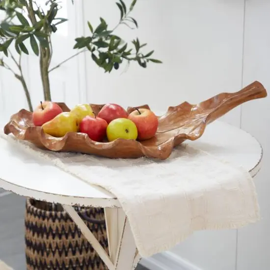 Brown Leaf Teak Wood Rustic Tray {9}