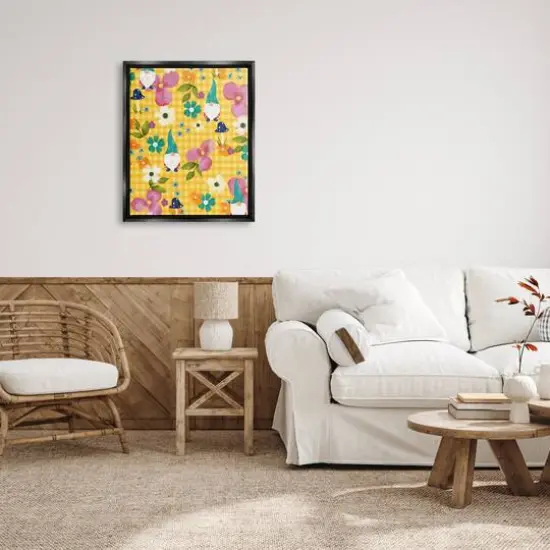 Stupell Industries Yellow Tartan Patterned Spring Gnomes Mushrooms Floater Framed Art Black {3}