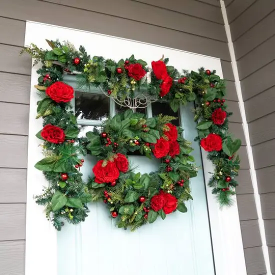 Village Lighting 9ft. Pre-Lit LED Red Peonies & Berry Garland {8}