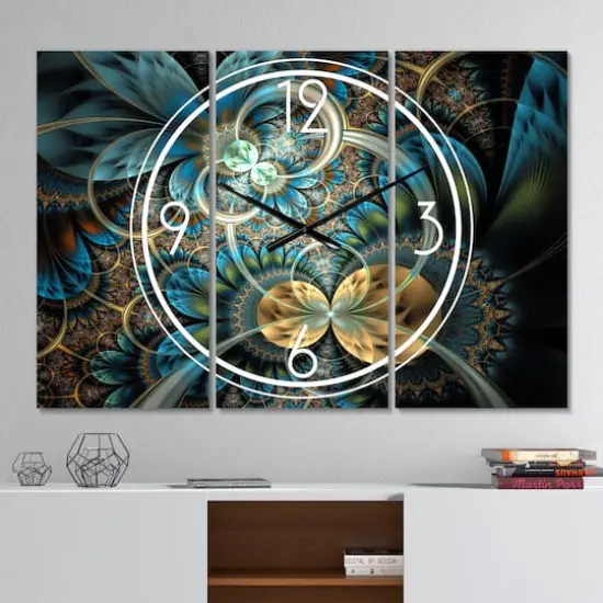 Designart Symmetrical Blue Gold Fractal Flower Multipanel Wall Clock {3}