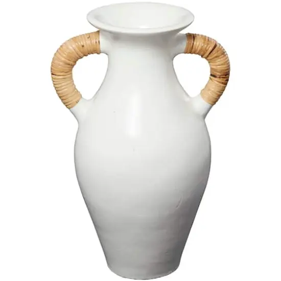 21" White Ceramic Jug Vase with Rattan Wrapped Handles {1}
