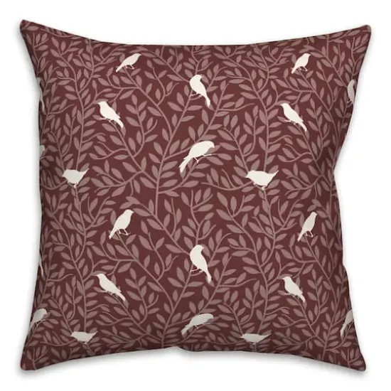 18" Birds On Leaves Indoor/Outdoor Pillow Maroon {1}