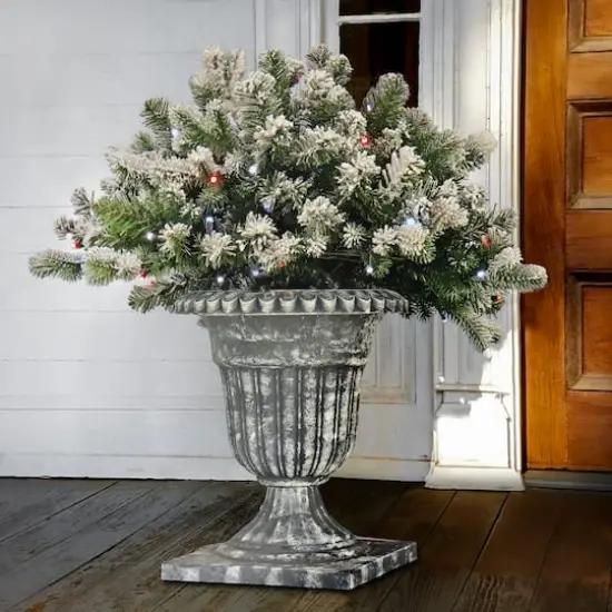 24" Feel Real&reg; Snowy Sheffield Spruce Porch Bush in Silver Brushed Plastic Urn {3}
