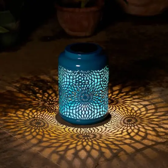 Glitzhome&reg; 9" Cutout Metal Solar Powered Outdoor Hanging Lantern Blue {6}