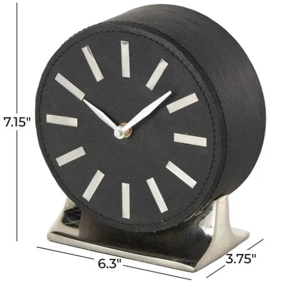 Faux Leather Round Decorative Clock with Rectangular Base Black/Silver {8}