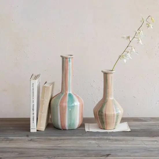 Hello Honey&reg; 10.5" Green & Cream Hand-Painted Crackle Glaze Terra Cotta Vase with Tall Neck {6}