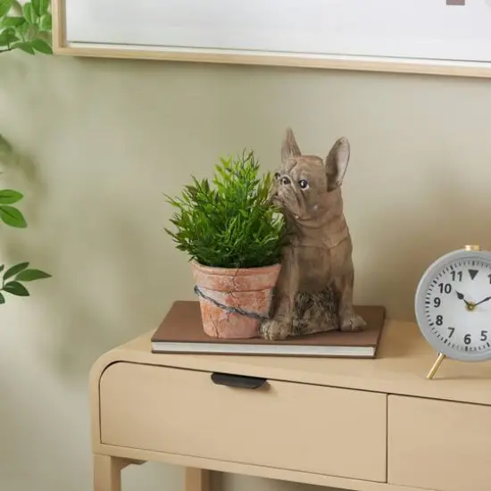 11" Textured Brown Dog Planter with Antique Pot {3}