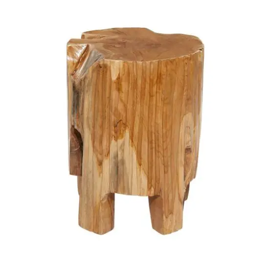 12" Brown Teak Wood Contemporary Stool {3}