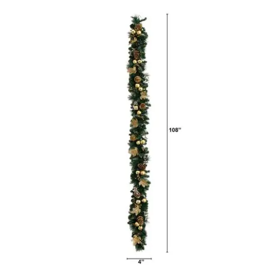 9ft. Pre-Lit Artificial Golden Frosted Christmas Garland with 50 Warm White LED Lights Pinecones, Berries and Ornaments {3}