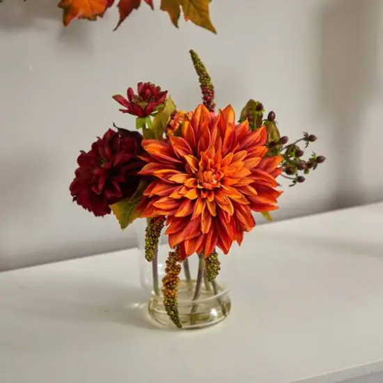 12" Dahlia & Mum Arrangement with Glass Vase  {5}