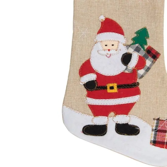 19" Beige & Red Burlap Santa Christmas Stocking {4}