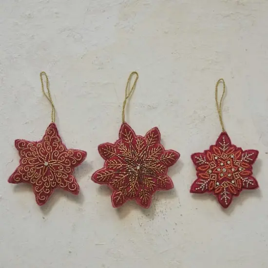 Hello Honey&reg; 3 Pack 4.75" Red & Gold Bead Embroidered Snowflake Cotton Velvet Ornaments {3}