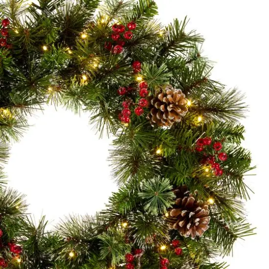 24" Iced Berry Warm White LED Pre-Lit Pine Wreath {4}