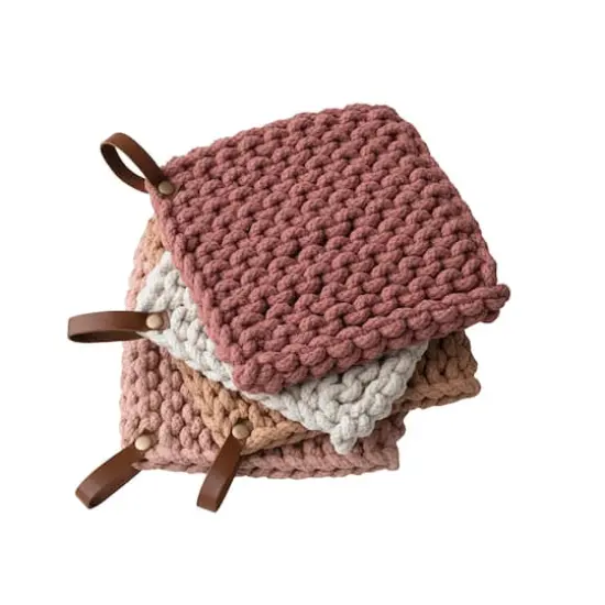 Hello Honey® Solid Color Cotton Crocheted Pot Holder with Leather Loop Handle Set {5}