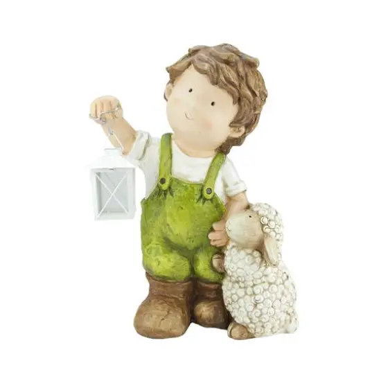 16.5" Young Boy Gnome with Lamb & Lantern Outdoor Garden Patio Figure {1}