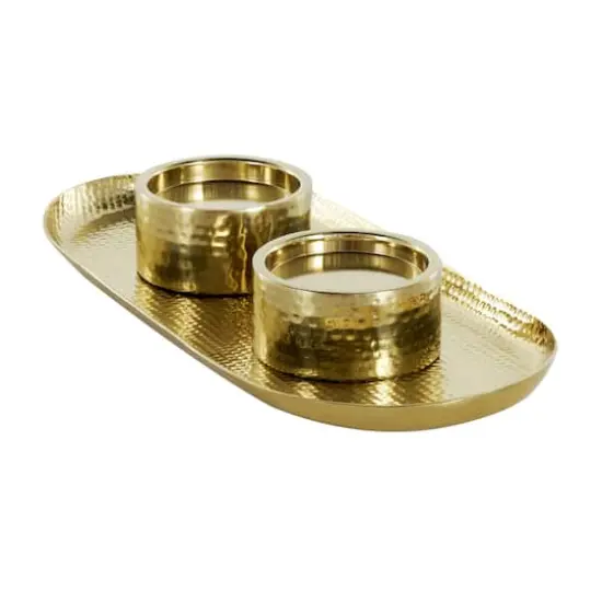 16" Gold Stainless Steel Metal Hammered Candle Holder with Oval Tray Plate {4}