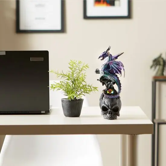 10" Mystical Dragon Atop A Black Skull Figurine {4}