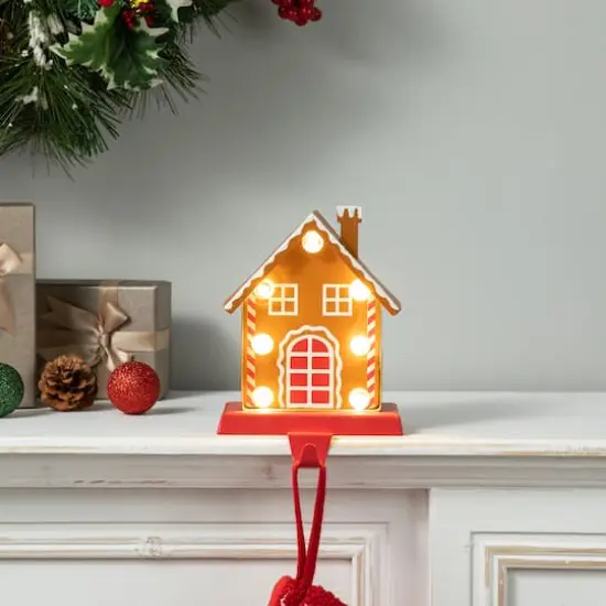 Glitzhome&reg; 6.75'' Marquee LED Gingerbread House Metal Christmas Stocking Holder {6}