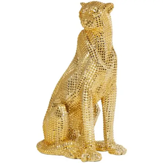 20.75" Golden Sitting Leopard Floor Sculpture with Diamond Faceted Texture {1}