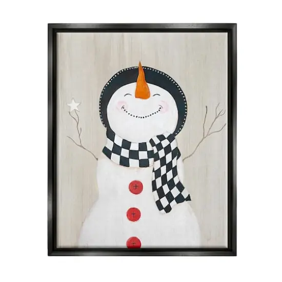 Stupell Industries Happy Smile Winter Snowman Framed Floater Canvas Wall Art Black {1}